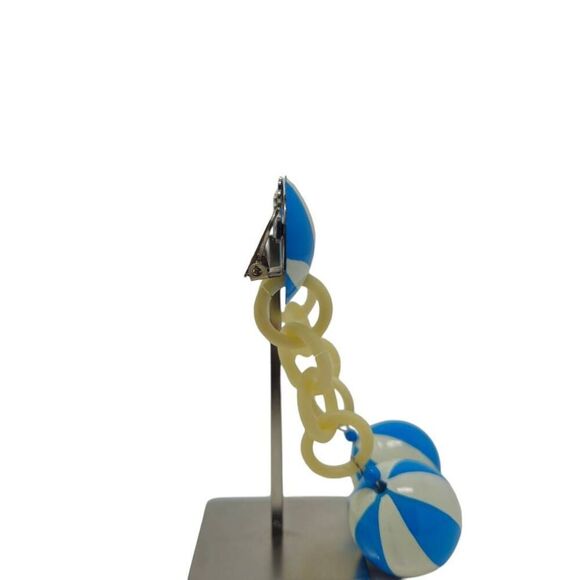 Blue and White Striped Ball Dangle Clip-Ons - Picture 4 of 6